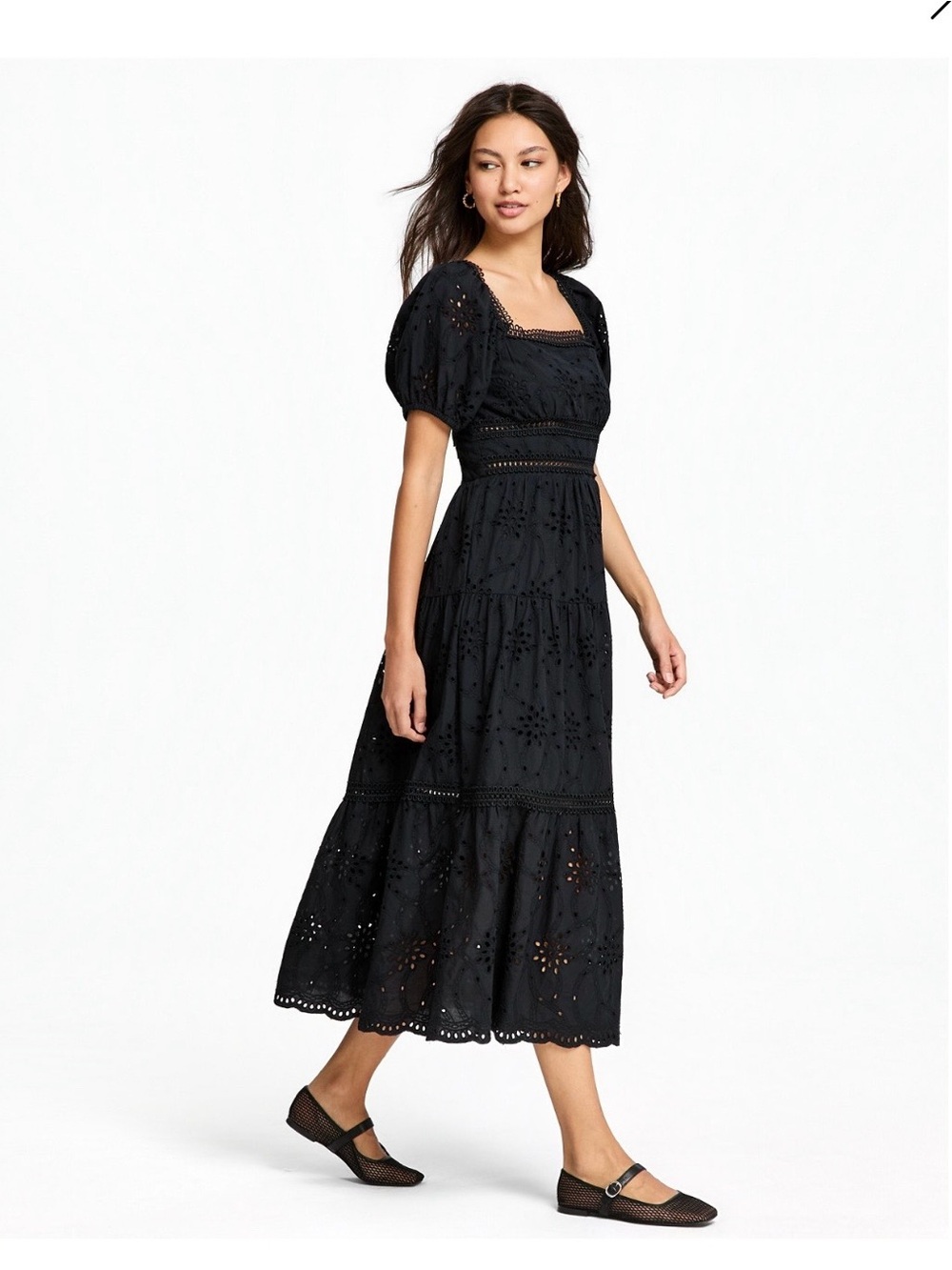 Black Eyelet Midi Dress with Square Neckline and Puff Sleeves